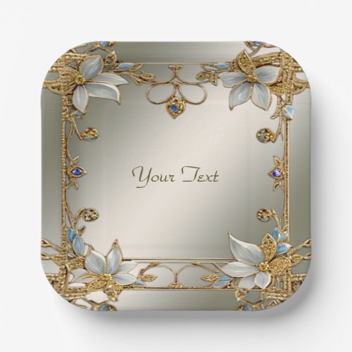 Gold Embellishing Frame White Floral Paper Plate