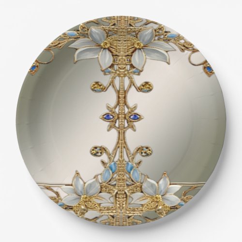 Gold Embellishing Frame White Floral Paper Plate