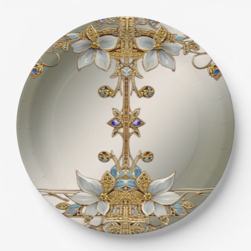 Gold Embellishing Frame White Floral Paper Plate