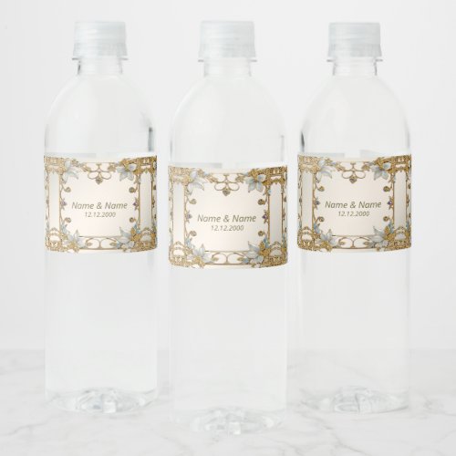 Gold Embellishing Frame White Floral Water Bottle Label