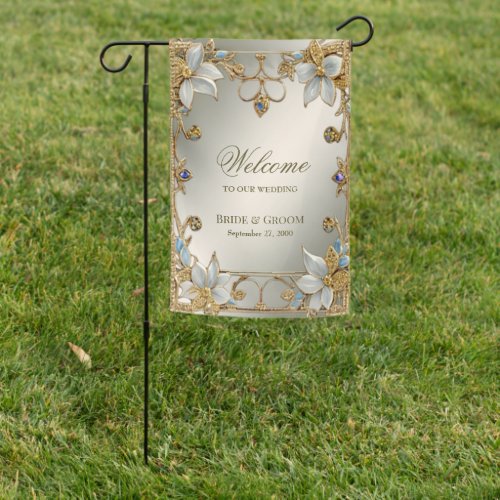 Gold Embellishing White Floral Garden Flag