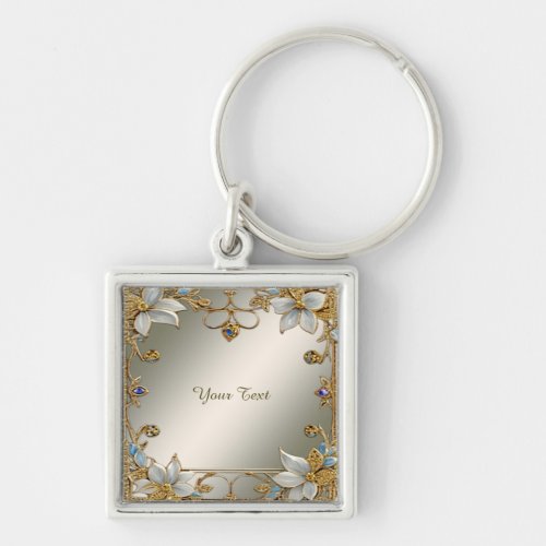 Gold Embellishing White Floral Keychain