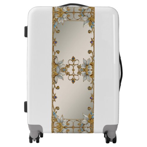 Gold Embellishing White Floral Luggage