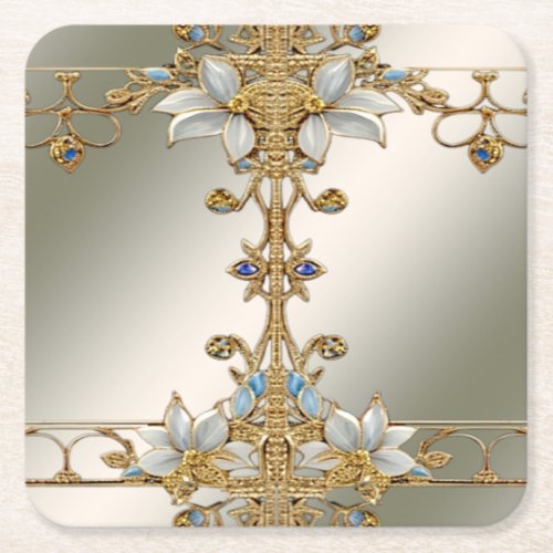 Gold Embellishing White Floral Paper Coaster