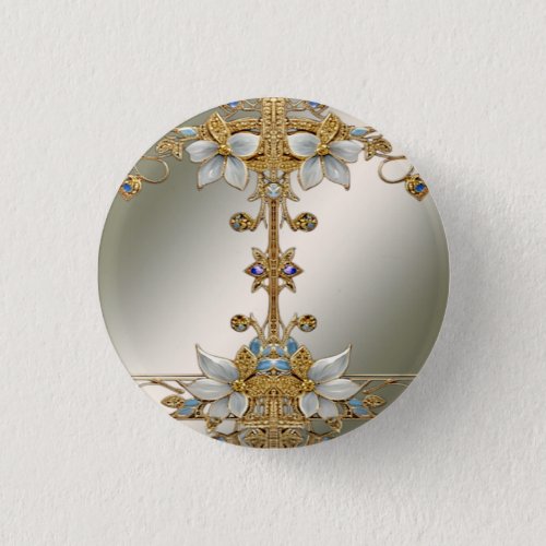 Gold Embellishing White Floral Pinback Button