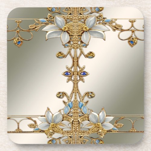Gold Embellishing White Floral Plastic Coaster