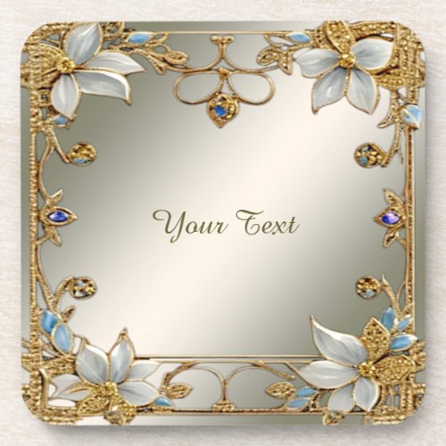 Gold Embellishing White Floral Plastic Coaster