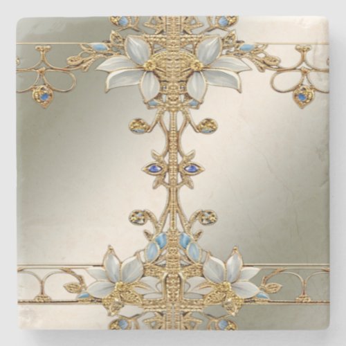 Gold Embellishing White Floral Stone Coaster
