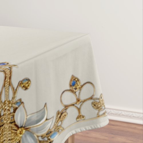 Gold Embellishing White Floral Tablecloth