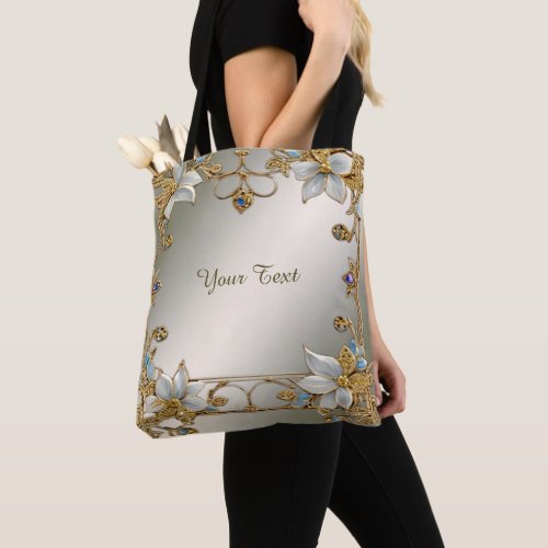 Gold Embellishing White Floral Tote Bag
