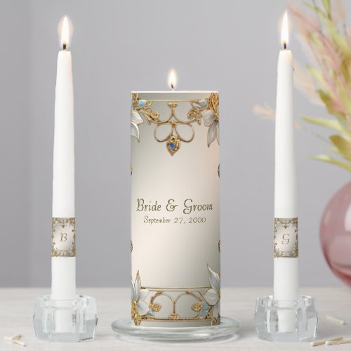 Gold Embellishing White Floral Unity Candle Set