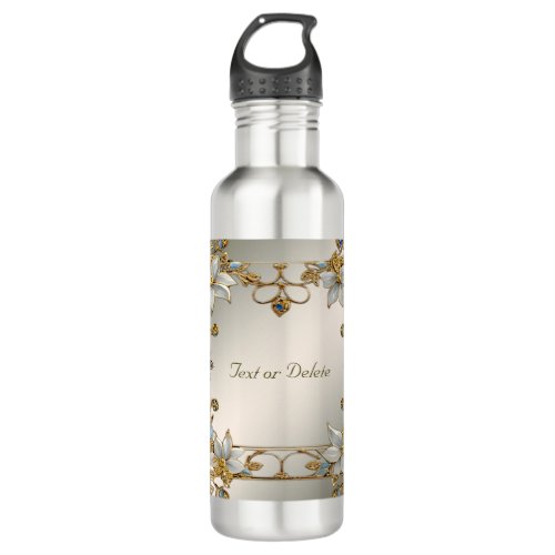 Gold Embellishing White Floral Water Bottle