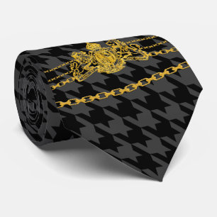 Gold Emblem Chain Trim Black Gray Houndstooth Neck Tie
