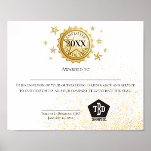 Gold emblem employee of the  year certificate poster