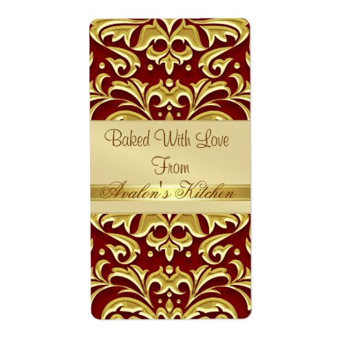 Gold Embossed  Damask Red Holiday Baking Label