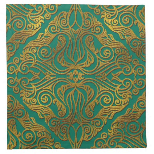 Gold Embossed Oriental Pattern on Green Cloth Napkin