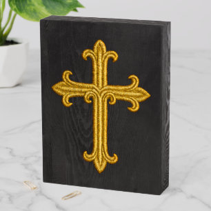 Gold Embroidered Look Cross on Any Color Wooden Box Sign