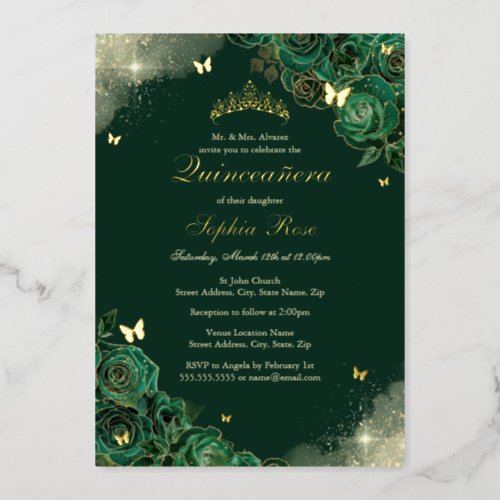Gold Emerald Butterfly Floral Quinceanera Foil Invitation