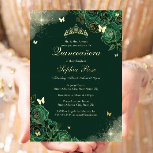 Gold Emerald Butterfly Floral Quinceanera Foil Invitation