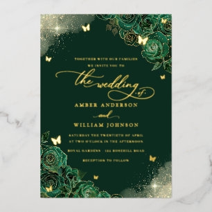 Gold Emerald Butterfly Floral Wedding  Foil Invitation