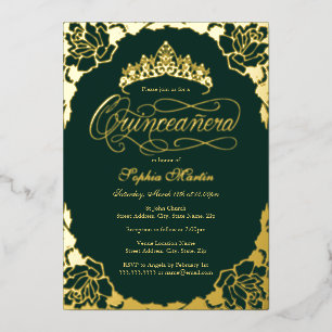 Gold Emerald Elegant Script Quinceanera Birthday Foil Invitation