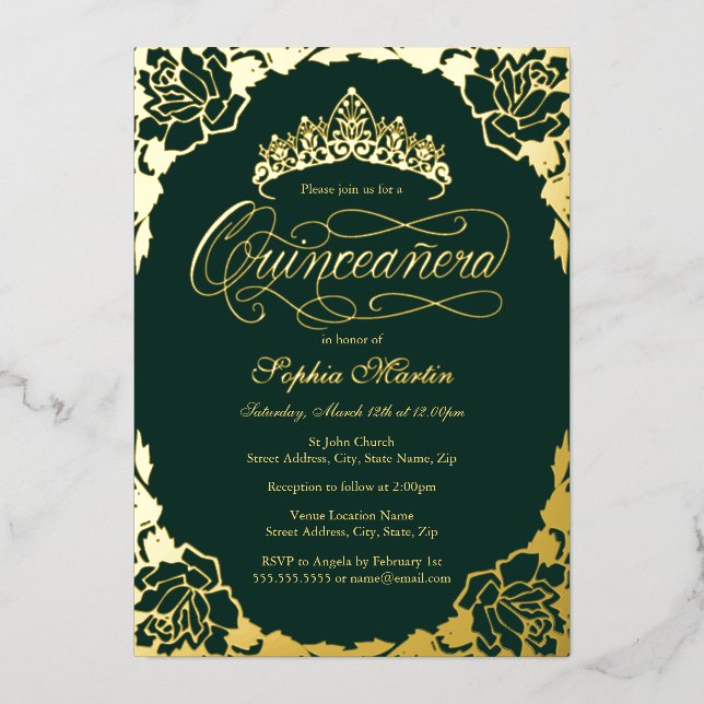 Gold Emerald Elegant Script Quinceanera Birthday Foil Invitation (Front)