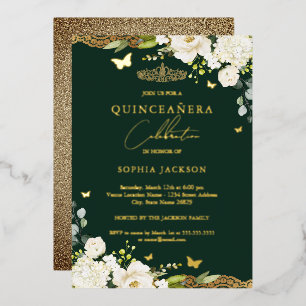 Gold Emerald Floral Lace Quinceanera Birthday Foil Invitation