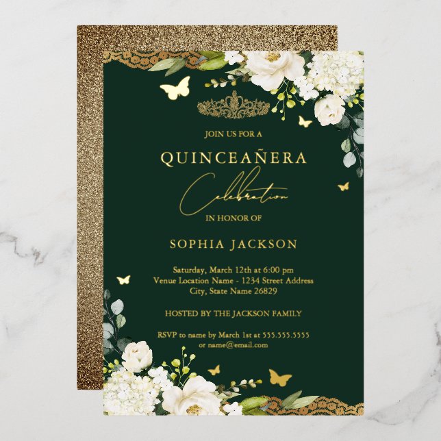 Gold Emerald Floral Lace Quinceanera Birthday Foil Invitation (Front/Back)