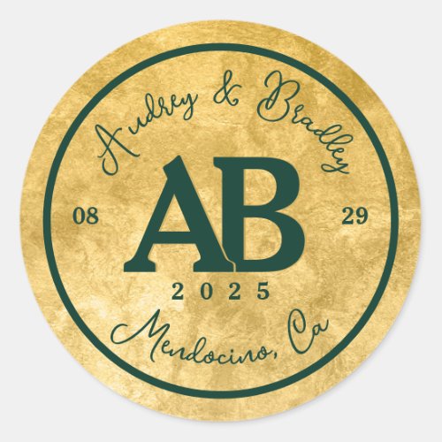 Gold Emerald Green 2 Letter Monogram Wedding Classic Round Sticker