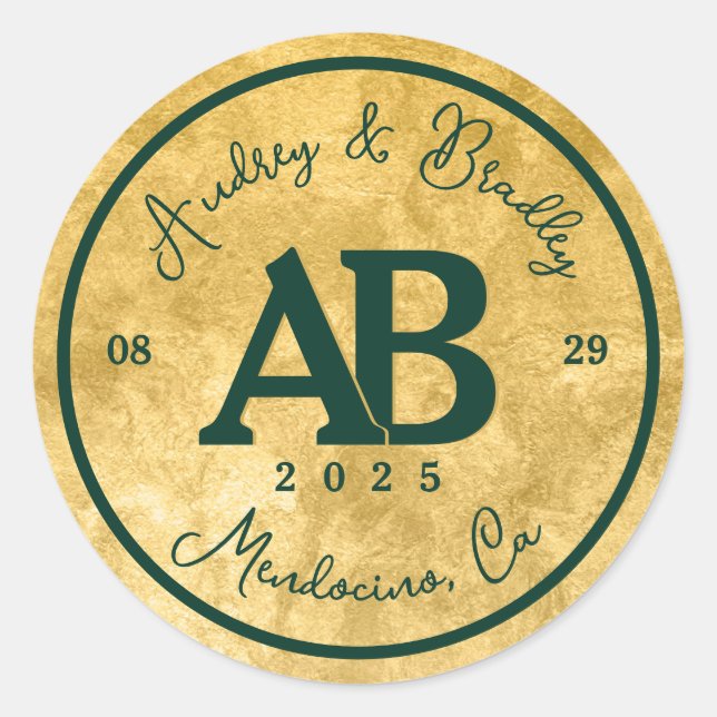 Gold Emerald Green 2 Letter Monogram Wedding Classic Round Sticker (Front)