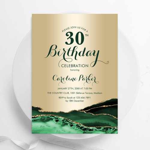 Gold Emerald Green Agate 30th Birthday Invitation