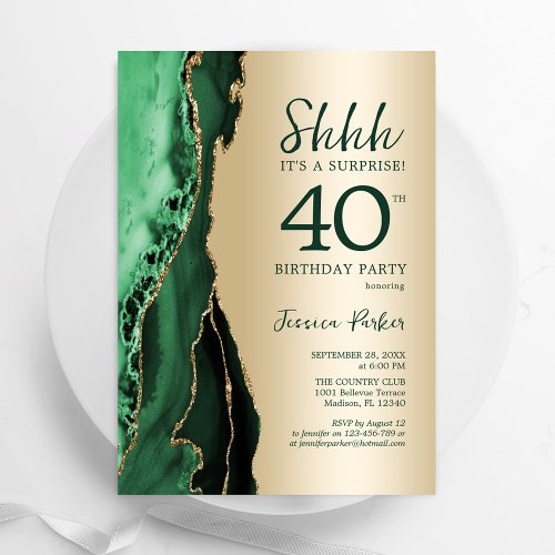 Gold Emerald Green Agate Surprise 40th Birthday Invitation