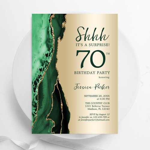 Gold Emerald Green Agate Surprise 70th Birthday Invitation