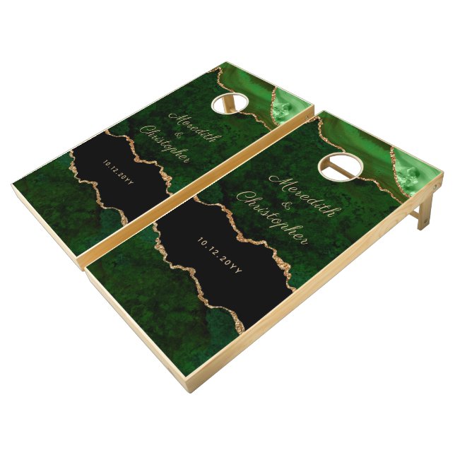 Gold Emerald Green Agate Wedding Cornhole Set (Angled)