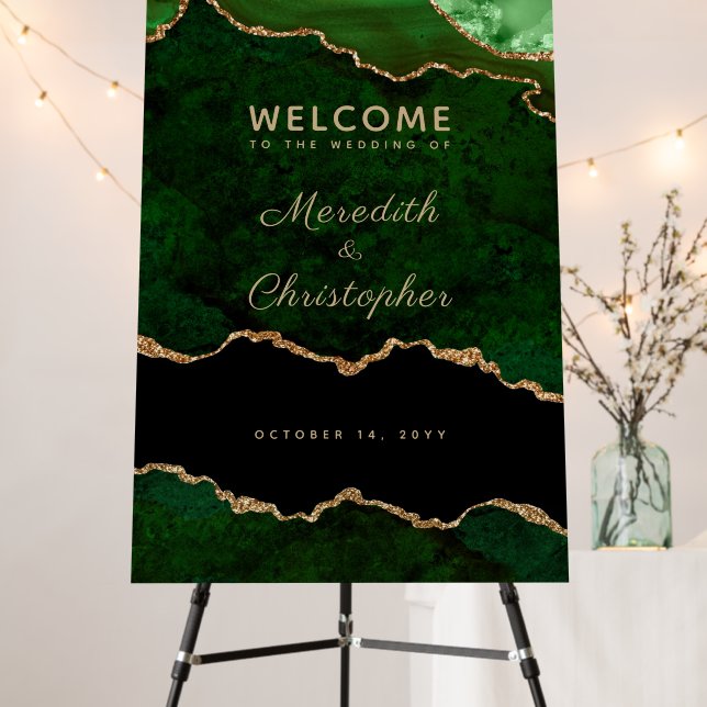 Gold Emerald Green Agate Wedding Welcome Foam Board (In Situ (Stand))
