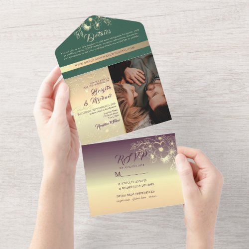 Gold Emerald Green and Purple Photos Wedding All In One Invitation