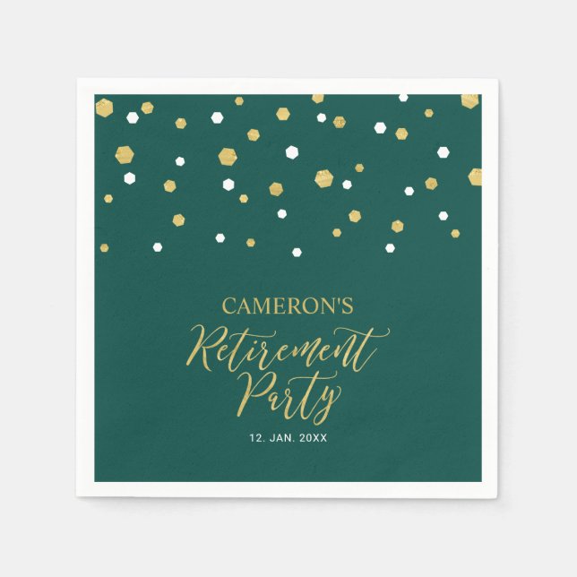 Gold & Emerald Green Chic Confetti Retirement Napkins (Front)