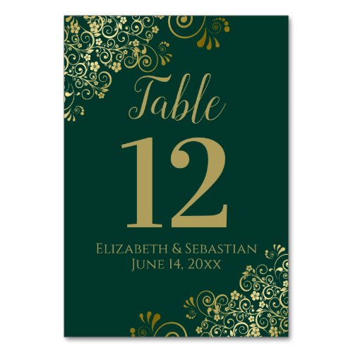 Gold  Emerald Green Elegant Frilly Wedding Table Number