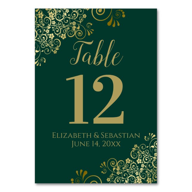 Gold & Emerald Green Elegant Frilly Wedding Table Number (Front)