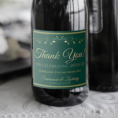 Gold  Emerald Green Elegant Wedding Thank You Sparkling Wine Label