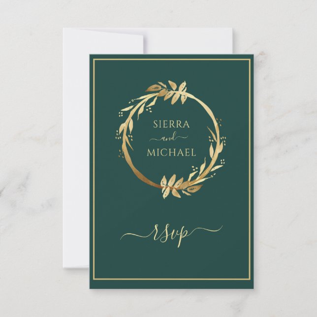 Gold Emerald Green Eucalyptus Wreath Wedding RSVP Card (Front)