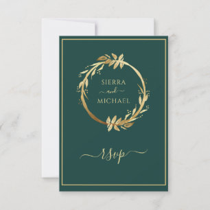 Gold Emerald Green Eucalyptus Wreath Wedding RSVP Card