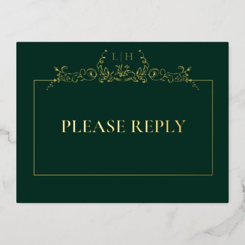 Gold Emerald Green Floral Border Monogram RSVP Foil Invitation Postcard