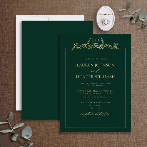 Gold Emerald Green Floral Border Monogram Wedding Foil Invitation