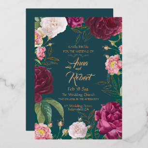 Gold & Emerald Green Floral Wedding Foil Invitation