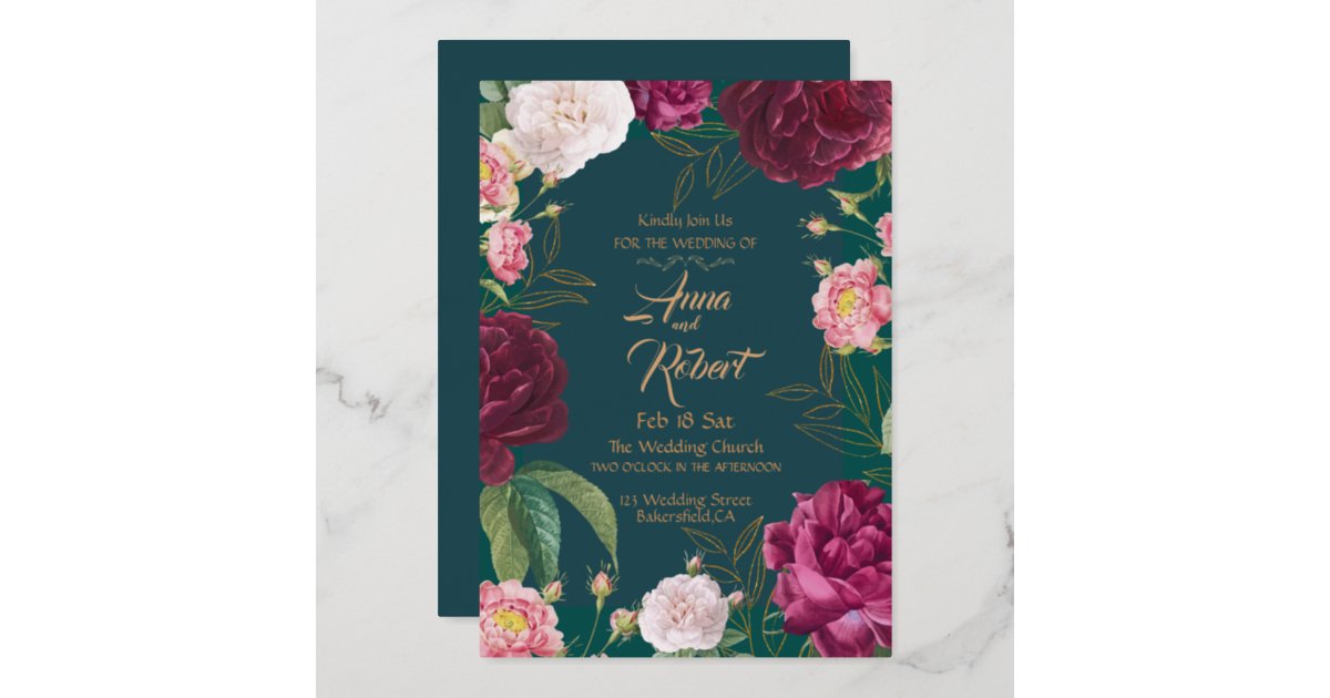 Gold & Emerald Green Floral Wedding Foil Invitation