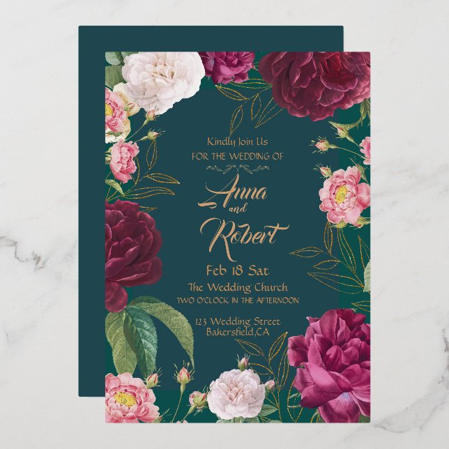 Gold & Emerald Green Floral Wedding Foil Invitation (Front/Back)