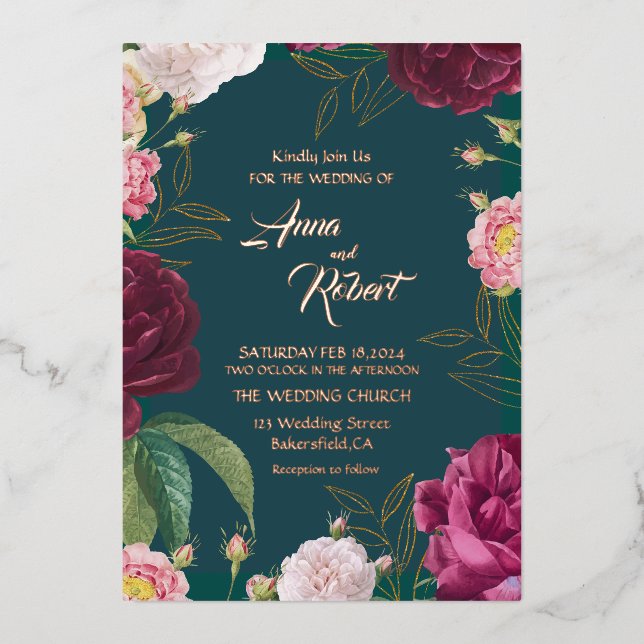 Gold & Emerald Green Floral Wedding Foil Invitation (Front)