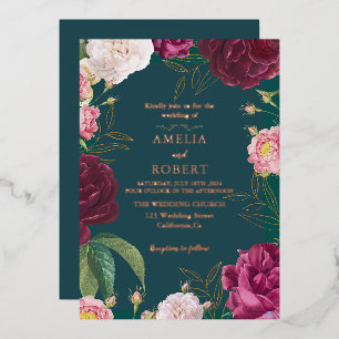 Gold & Emerald Green Floral Wedding Foil Invitation