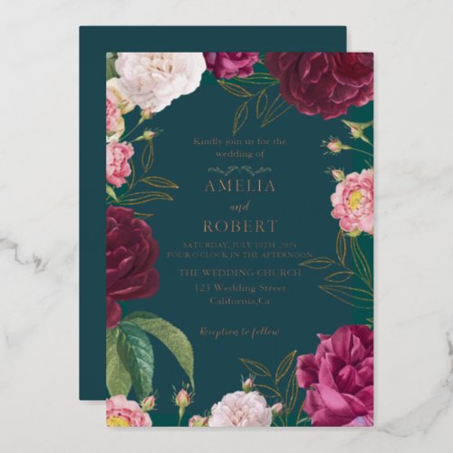 Gold  Emerald Green Floral Wedding Foil Invitation